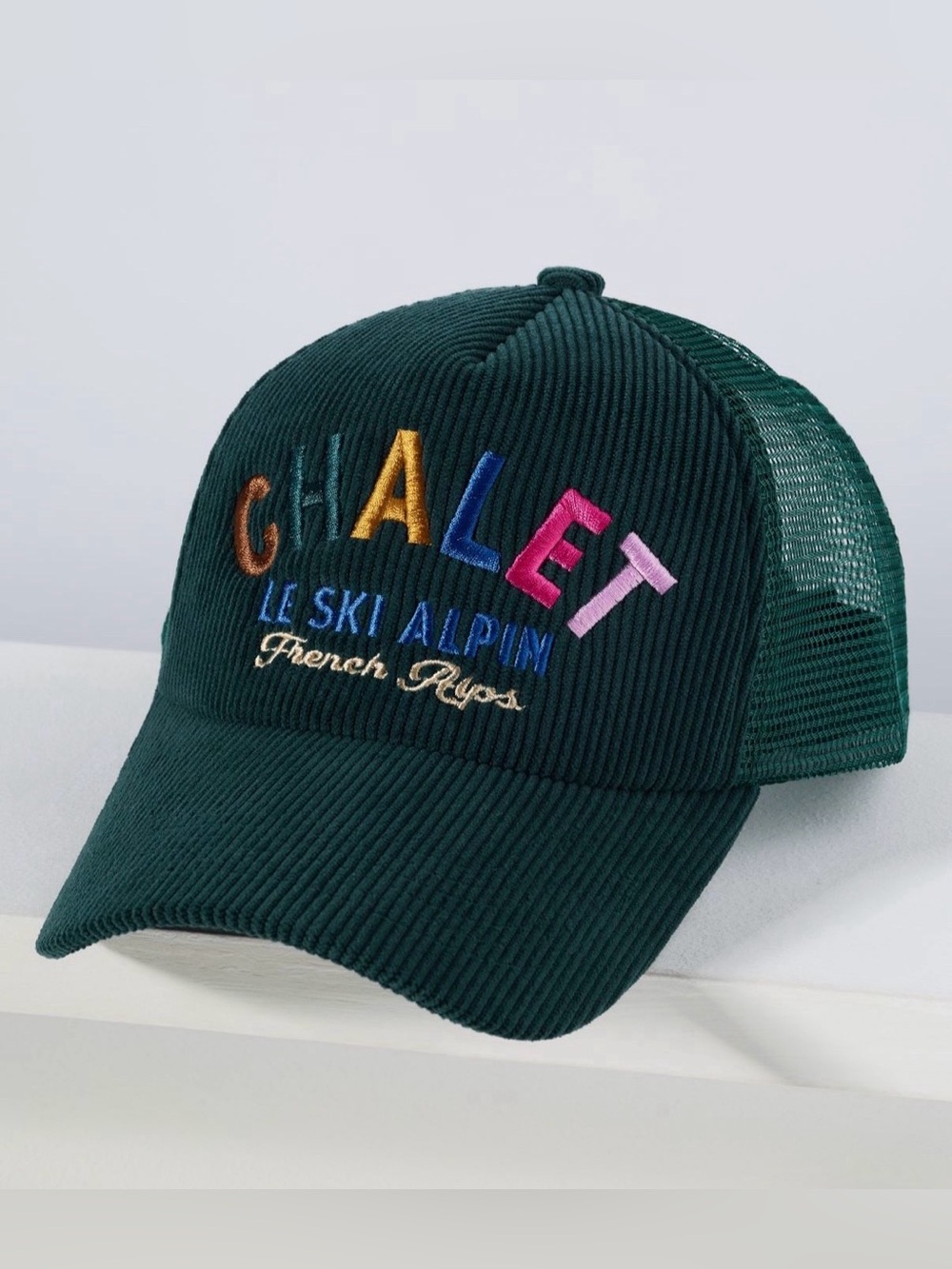 Anthropologie Worn/West Après Ski Trucker Hat Forest Green 'CHALET' Embroidered